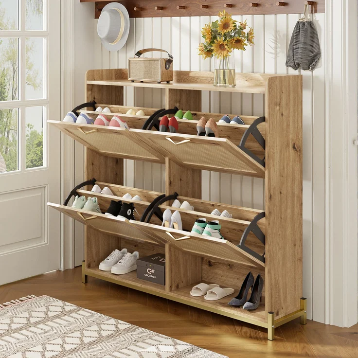 Schuhschrank aus MDF mit Metallgestell & oberer Ablage, 108,5x24x100 cm, Holzfarbe – Bild 4