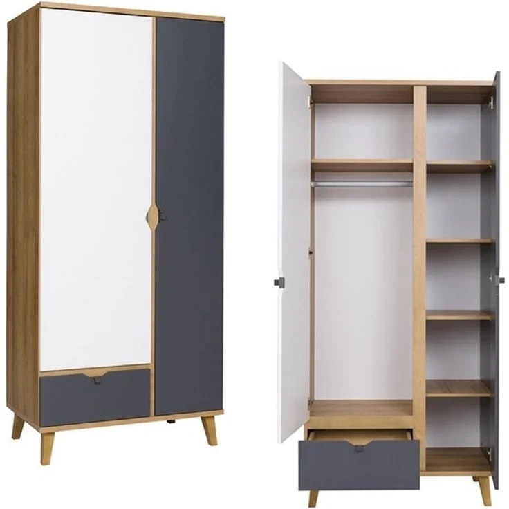 Lomadox Jugendzimmer-Set MARIBOR-132, (Sparset, 4-tlg), Kleiderschrank Schreibtisch Wandboard Kommode Eiche weiß graphit – Bild 4