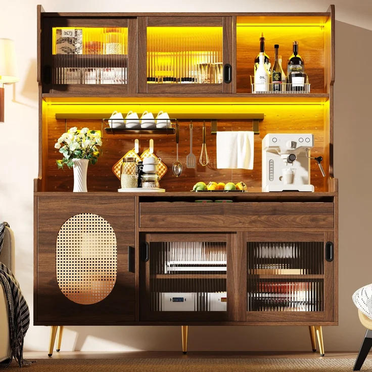 Buffetschrank aus MDF mit LED-Lichtleiste, Schubladen & Lochplatte, 145x39x171 cm, Braun – Bild 4