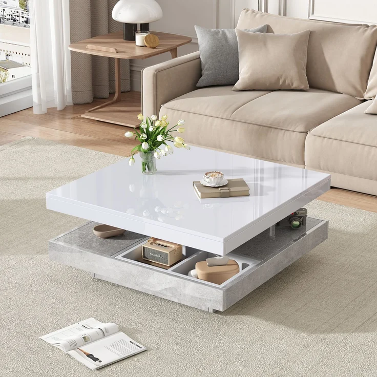 Couchtisch 70 x 70 x 36 cm, moderner Hochglanz-Wohnzimmertisch in Weiß mit marmorfarbenem Sockel – Bild 2