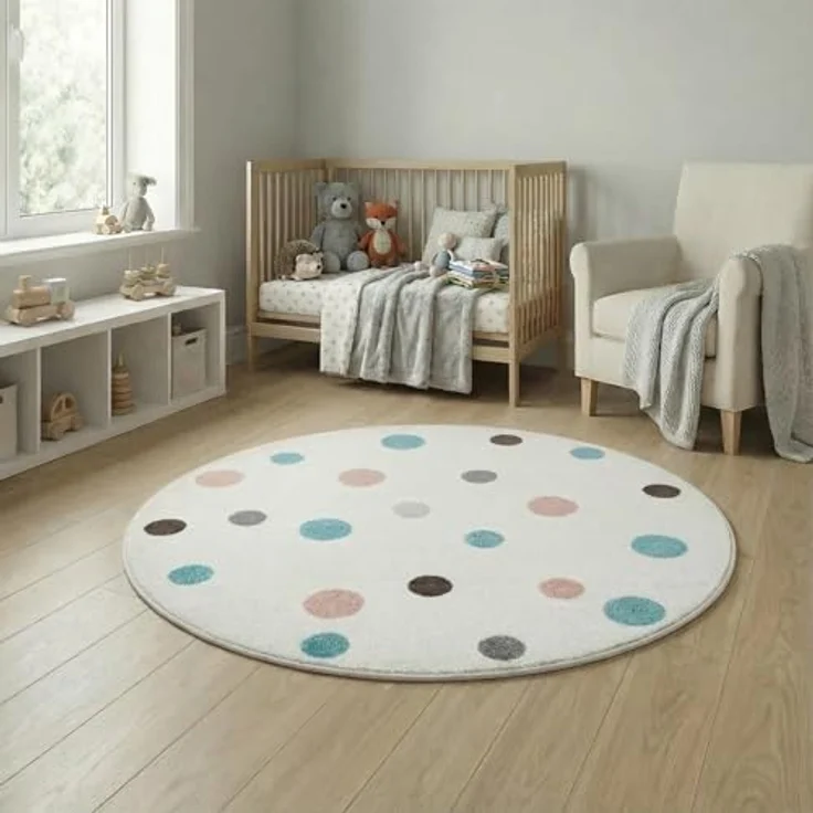 Jimri Kinderteppich DOTS l Pünktchen Gepunktet l Farbe: Beige Blau Rosa | Kinderzimmer/Jugendzimmer (Weiß, Ø 150 cm Rund) – Bild 2