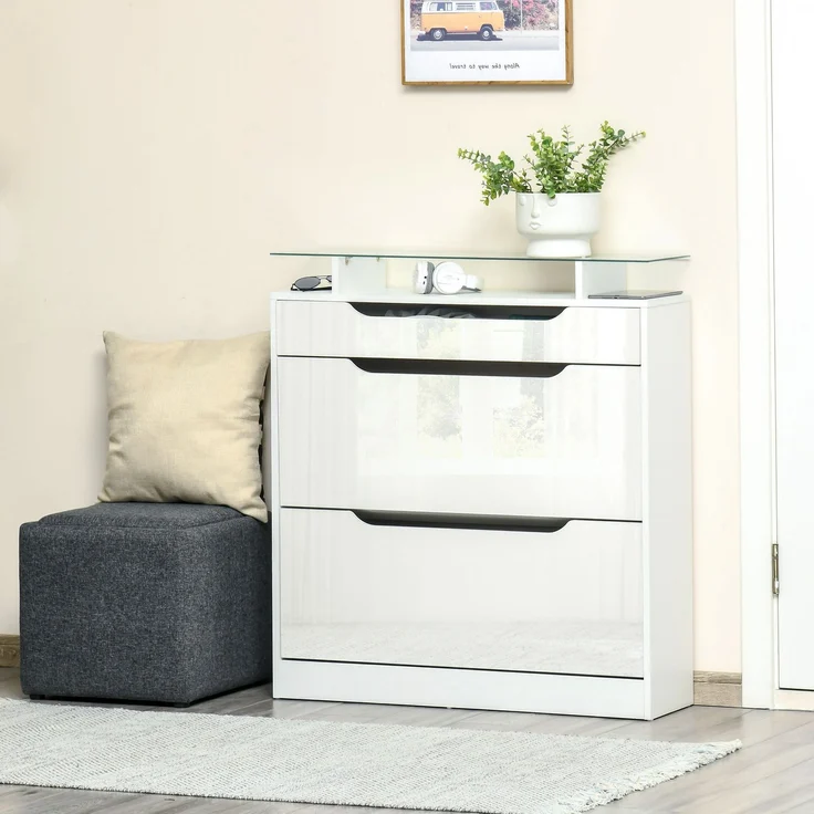 Schuhschrank mit 2 Klappschubladen + 1 Auszugsschublade + 1 Ablagefläche und 1 weißer Glasplatte – Bild 4