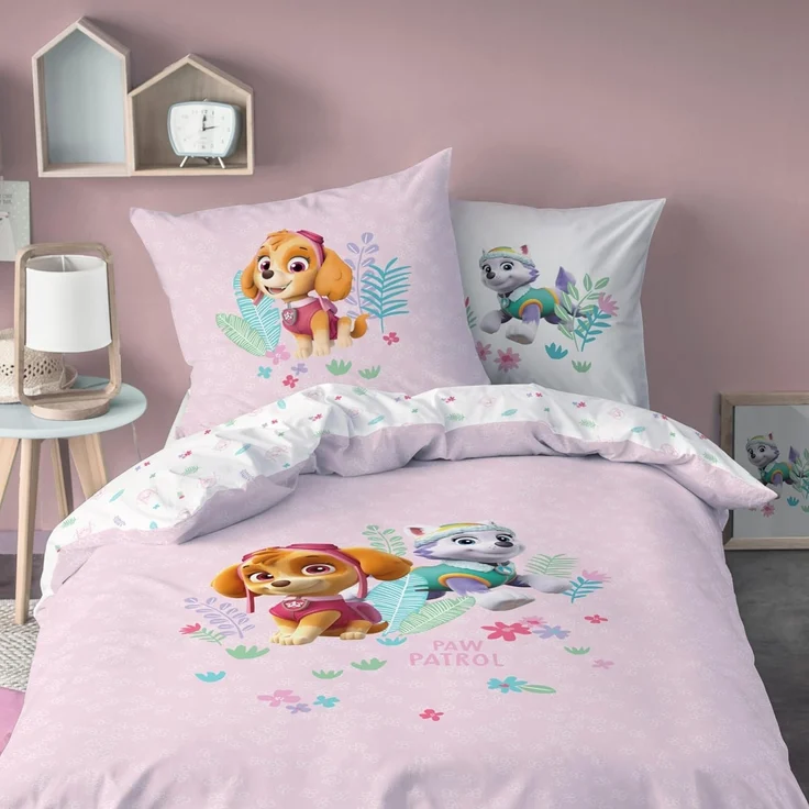 MTOnlinehandel Kinderbettwäsche Paw Patrol Biber/ Flanell in 135x200 + 80x80 cm, 100% Baumwolle, 2 teilig, Skye & Everest, kuschelig und weich, rosa, Mädchen – Bild 1