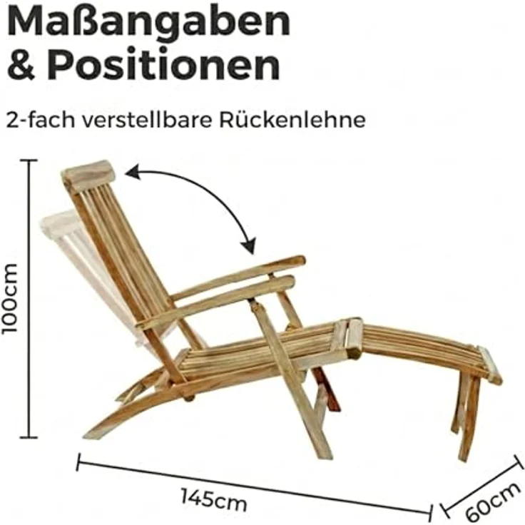 SAM Teak Holz Deckchair, Sonnenliege- Stuhl, verstellbar, geschliffen, zusammenklappbar, Balkon, Terrasse und Garten – Bild 4