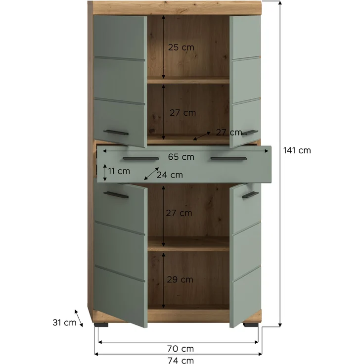 Xonox Scout Badmidischrank (B/H/T: 74x141x31 cm) in Salbei und Artisan Eiche Nachbildung – Bild 4