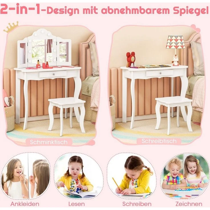 COSTWAY Schminktisch Kinder Schminktisch Set, einstellbare LED Beleuchtung – Bild 3