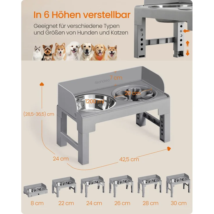FEANDREA Hundenapf erhöht, 3 Fressnäpfe, höhenverstellbar und neigbar, Futterstation, Napf mit Gestell, grau – Bild 3