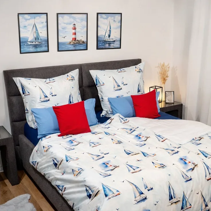 Janine Bettwäsche Mako-Baumwolle, Mako-Satin, 2 teilig, Segelboote, maritim, blau
