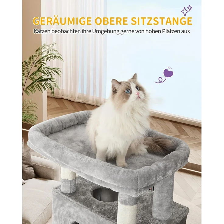Kratzbaum groß, 210 cm hoch, Katzenbaum, mit 8 Kratzbäume, 2 Höhlen, groß Plattformen, Waschbare Matte, Hängematte, Plüschbälle, mehrstöckiger katzenkratzbaum, Hellgrau – Bild 7