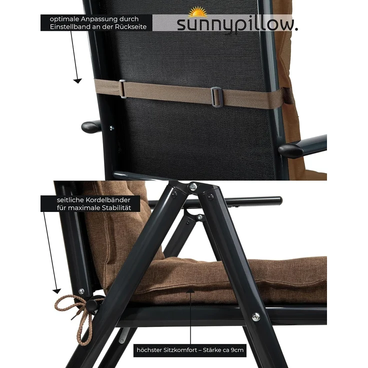 sunnypillow 6er Set Gartenstühle und Gartenstuhlauflagen Hochlehner | 120 x 50 x 9 cm Hochlehner Auflage wasserdicht UV-lichtecht | Klappsessel Klappstuhl für Garten Polsterauflagen Stuhlauflage | Braun – Bild 5