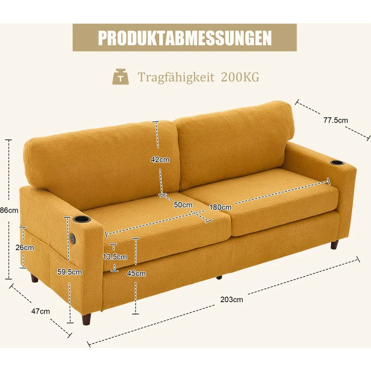 LVHOM 2-Sitzer Sofa mit USB&LED, Zweier Polstersofa Chenille Bezug, Loveseat mit Getränkehaltern, Doppelsofa Stoffsofa Loungesofa, Gelb – Bild 6
