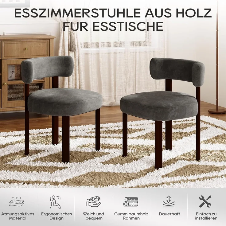 COLAMY Mid-Century Modern Design Sherpa Esszimmerstühle 2er Set, Vintage Landhaus-Stil Bouclé Küchenstühle mit offener geschwungener Rückenlehne für Esszimmer, Restaurant, Grau – Bild 5