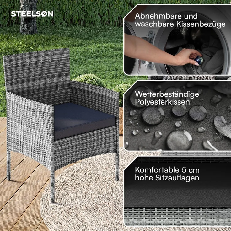 STEELSØN 'Thalora' Gartenlounge2 Set, 4-tlg. Sitzgruppe mit Sofa, 2 Stühlen und Tisch, inkl. Kissen, grau-meliert/anthrazit, aus Polyrattan – Bild 4