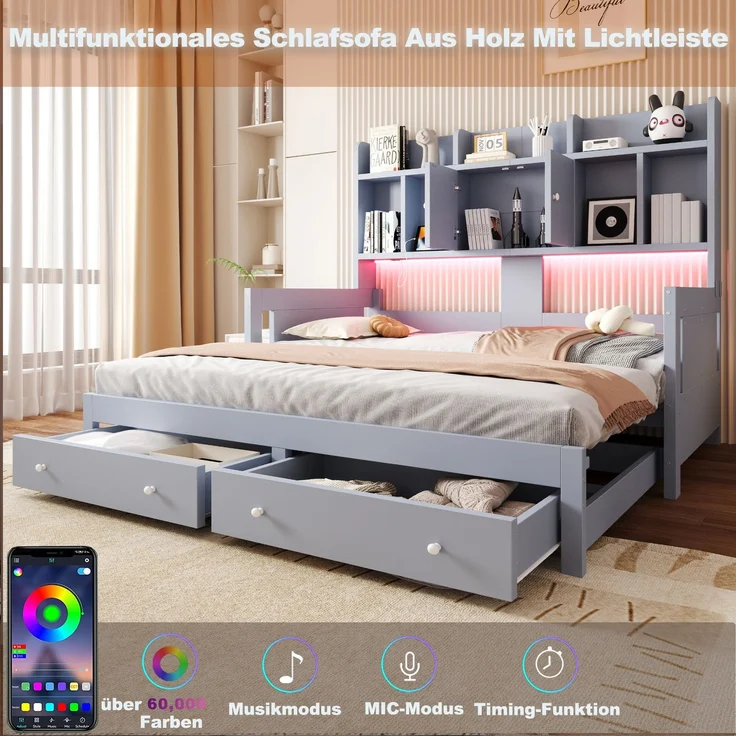 Multifunktionales Ausziehbares Schlafsofa Aus Holz Mit Schubladen, Ablageflächen, Schränken und offenen Fächern, Ausgestattet Mit Steckdosen und LED-Beleuchtung, Gästebett, Grau – Bild 5