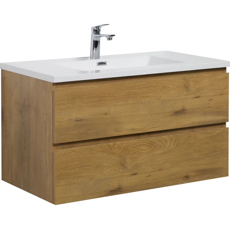 Badplaats Badmöbel Set mit Waschbecken und Unterschrank Angela 90 x 48 cm Eiche - Waschbeckenunterschrank mit Soft-Close und Waschbecken, Vorgemontiert