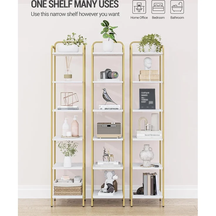 Bücherregal, Regal, Standregal, Schmales Bücherregal, Industrielles Eckregal, Schlankes Regal für Heimbüro, Wohnzimmer, Schlafzimmer, Küche, 6 Ebenen Weiß-Gold – Bild 5