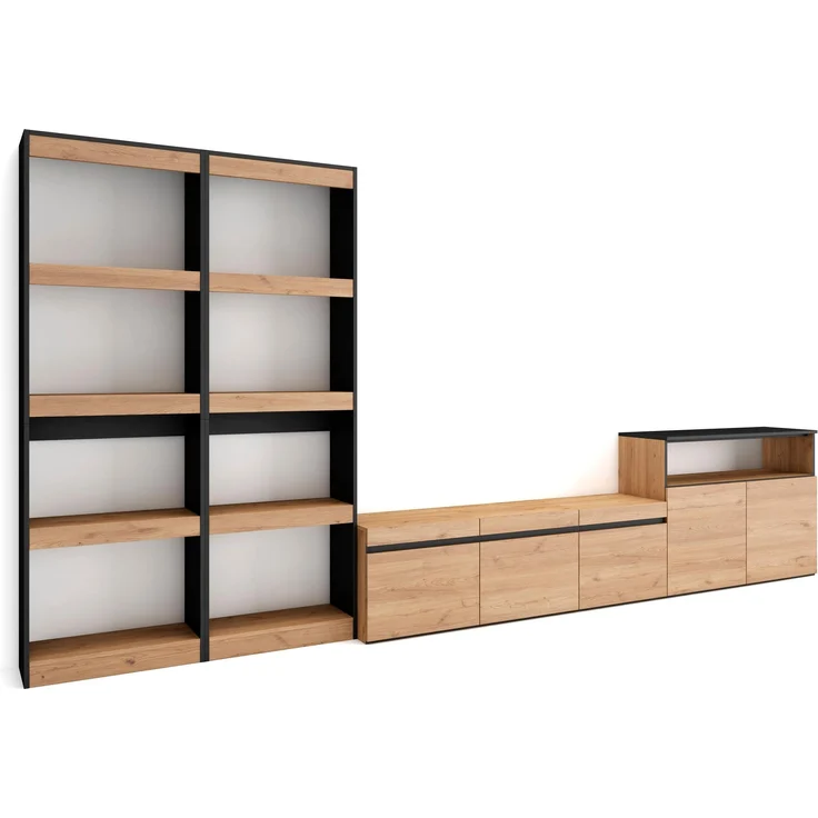 Skraut Home | Wohnwand Wohnzimmer | Wohnzimmermöbel, Möbelset | 370 x 186 x 35 cm | Für TV-Geräte bis zu 65" | Wohnzimmer Möbel | Moderner Stil | Eiche Schwarz