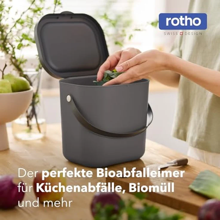 ROTHO Biomülleimer Albula 2er-Set Komposteimer 6l – kompakte Müllbehälter ideal für Küche, Stapelbar, mit Griff & Deckel – 6 l Recycling-Set für jeden Raum – Bild 4