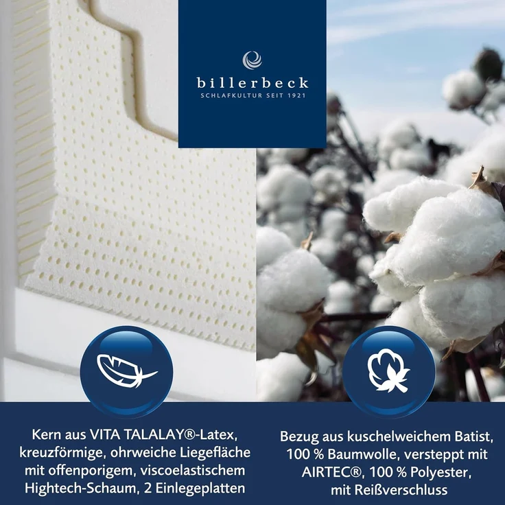 billerbeck Nackenstützkissen Belair, Kissen 40x80 cm, geeignet für Hausstauballergiker, Füllung: VITA TALALAY® - Latex, Bezug: Kuschelweicher Batist (100% Baumwolle), versteppt mit AIRTEC® (100% Polyester), Bauchschläfer, Rückenschläfer, Seitenschläfer – Bild 2
