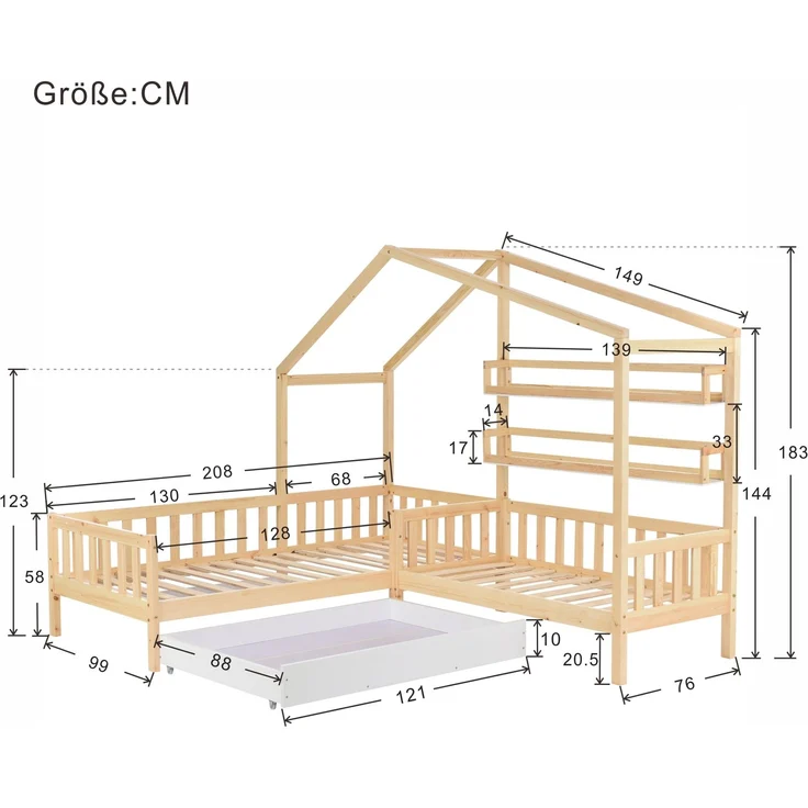 U-life Hausbett L-Form 90x200 cm und 140x70 cm, Kinderbett mit Schubladen und Regalen, Massivholz mit Sicherheitszaun und Lattenrost, Natur – Bild 10