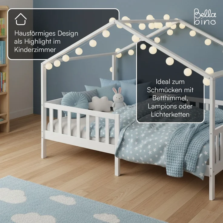 Bellabino 'Bia' Hausbett 140x200 cm, weiß, Kiefer Massivholz, Montessori Kinderbett mit Rausfallschutz und Lattenrost – Bild 6