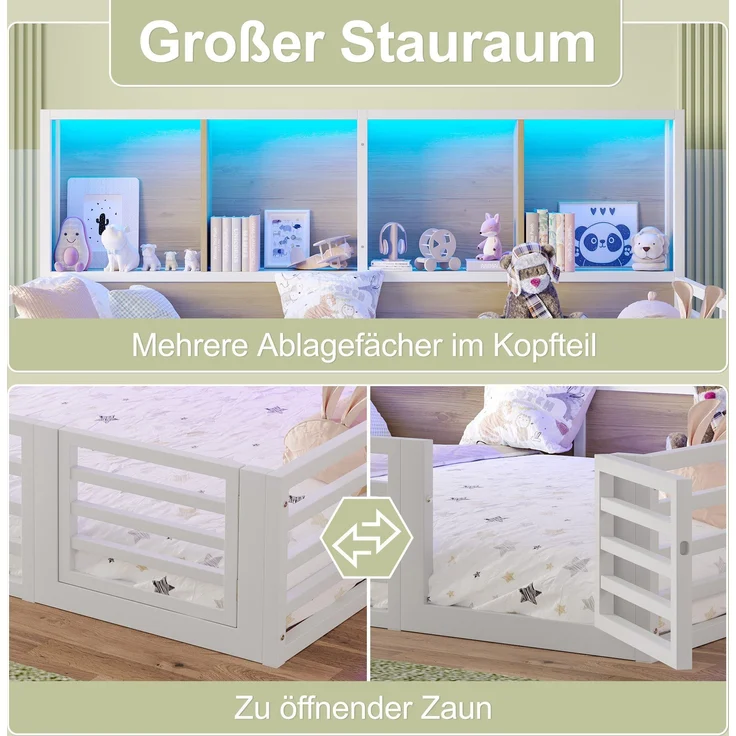 Kinderbett mit LED-Beleuchtung, Lattenrost, Tür und Zaun, 140x200 cm, Rausfallschutz, Stauraum, Metallbett – Bild 6