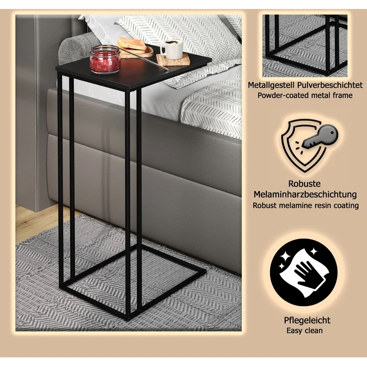 trendteam smart living - Strike - Beistelltisch in praktischer C-Form - Schwarz - Nachttisch mit platzsparendem Design - (BxHxT) 50 x 91 x 40 cm - Wohnzimmertisch auf robustem Metallgestell – Bild 6
