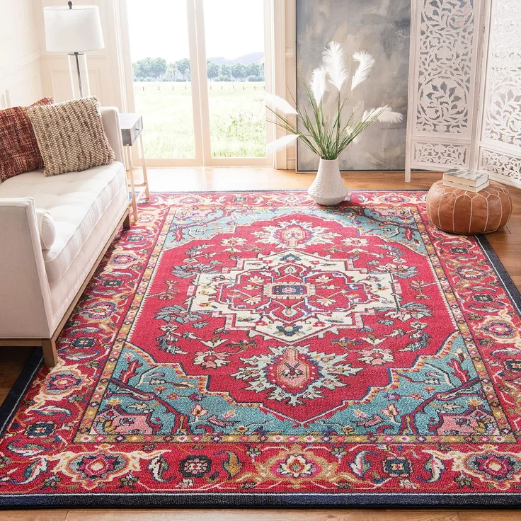 SAFAVIEH Boho Teppich für Wohnzimmer, Esszimmer, Schlafzimmer - Monaco Collection, Kurzer Flor, Rot und Türkis, 244 X 305 cm