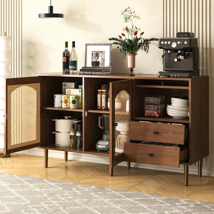Abrihome Sideboard im Landhausstil mit Rattantüren, Braun, 75x40x130 cm – Bild 3