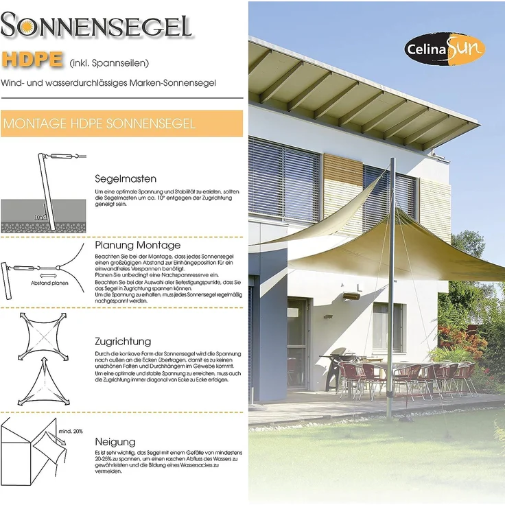 CelinaSun Sonnensegel nkl Befestigungsseile HDPE wetterbeständig atmungsaktiv Dreieck 3 x 3 x 3 m Sand beige – Bild 6