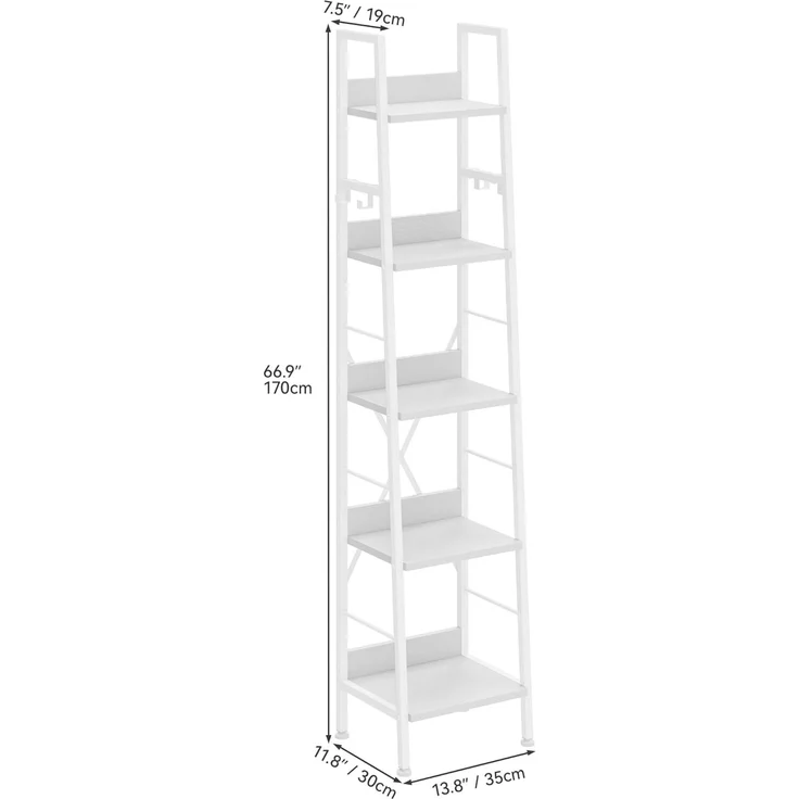 YITAHOME Bücherregal mit 5 Ebenen, industrielles Leiterregal, freistehendes Bücherregal, Holzregale und Metallrahmen, Bücherregal, modernes Regal für Wohnzimmer, Flur, Büro, reinweißes Bücherregal – Bild 6