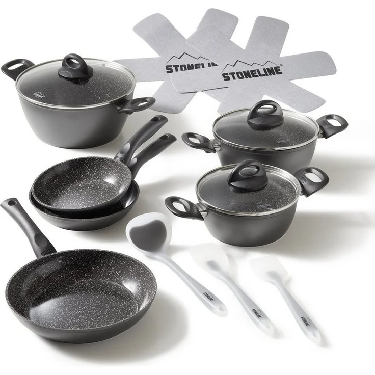 STONELINE Topf-Set, Aluminium, Keramik (Kochgeschirr-Set, 14-tlg, Kochgeschirr-Set, 3x Kochtopf, 3x Bratpfanne, 3x Glasdeckel, Zubehör), mit echten Steinpartikeln, induktionsgeeignet, Designed in Germany – Bild 1