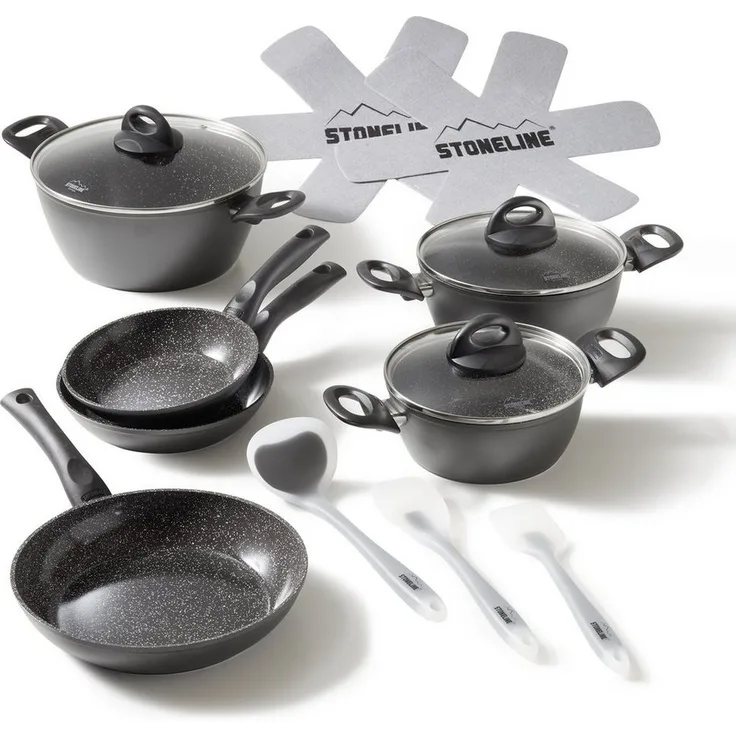 STONELINE Topf-Set, Aluminium, Keramik (Kochgeschirr-Set, 14-tlg, Kochgeschirr-Set, 3x Kochtopf, 3x Bratpfanne, 3x Glasdeckel, Zubehör), mit echten Steinpartikeln, induktionsgeeignet, Designed in Germany