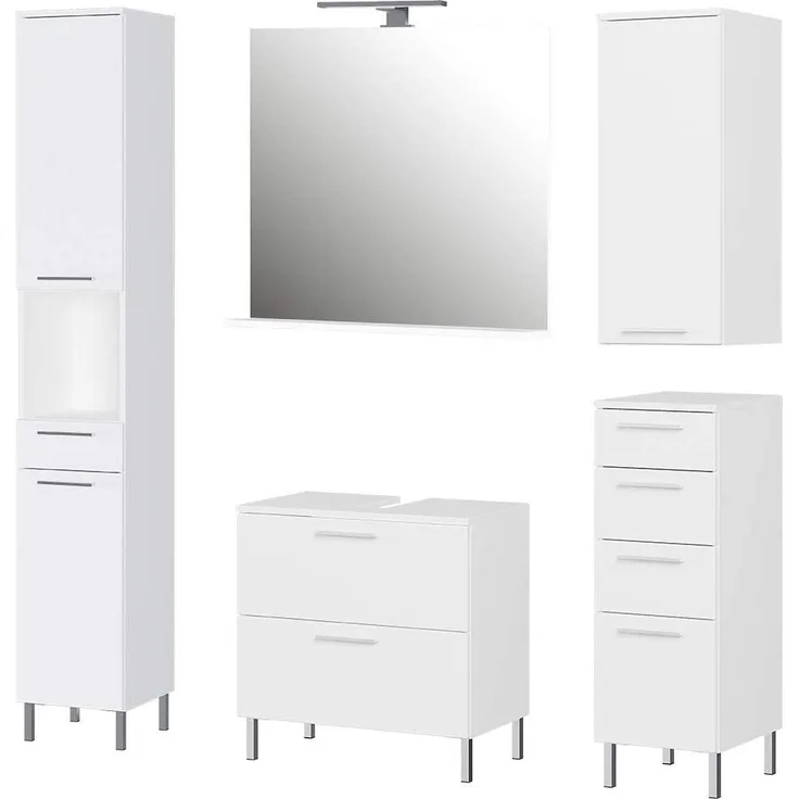 Germania 5-tlg. Badezimmer-Set 8550-84 GW-Arvada, bestehend aus Waschbeckenunterschrank, Spiegel, Unterschrank, Hängeschrank und Hochschrank, in der Farbe Weiß