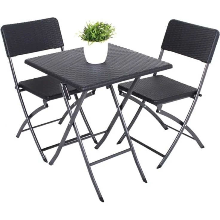 3-Teiliges Garten Set, 1x Tisch, 2x Stühle, klappbar, Stahl/Kunststoff Schwarz