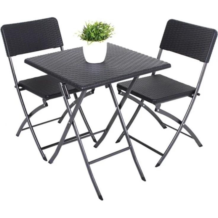 3-Teiliges Garten Set, 1x Tisch, 2x Stühle, klappbar, Stahl/Kunststoff Schwarz – Bild 1