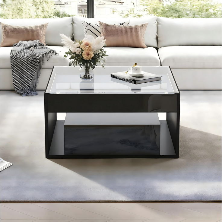 Couchtisch aus MDF und Sicherheitsglas mit LED, 70 x 70 x 35 cm, Schwarz – Bild 2