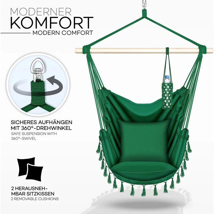 tillvex Hängesessel Grün 2 Kissen zum Aufhängen | Hängestuhl mit Getränkehalter & Bücherfach | Hängesitz wetterfest - Indoor & Outdoor | Hängekorb mit Tragetasche für Erwachsene & Kinder – Bild 2