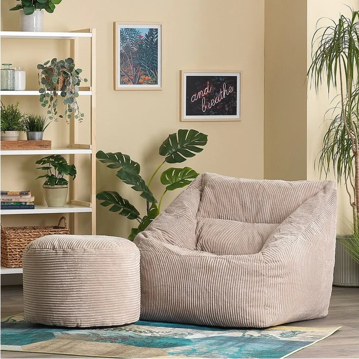 Icon 'Morgan' Riesen Sitzsack Sessel, mit Sitzpuff, XXL, mit Füllung, Cord Beige, 80 x 88 x 100 cm – Bild 2