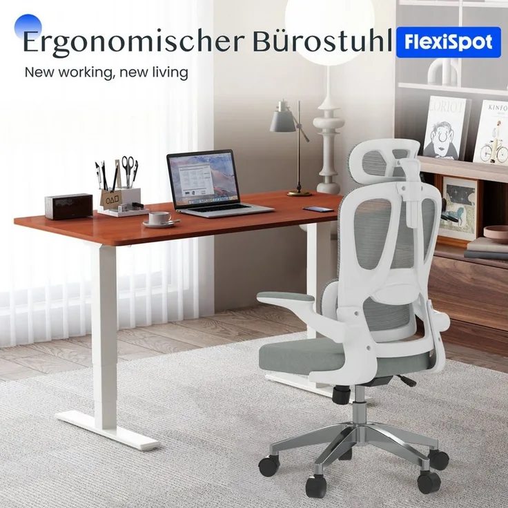 FLEXISPOT Bürostuhl Ergonomischer Schreibtischstuhl (mit 2D-Kopfstütze, Klappbare Armlehnen & Dynamische Lendenstütze), Stuhl mit 120° Wippfunktion für Homeoffice, Arbeitszimmer, Büro