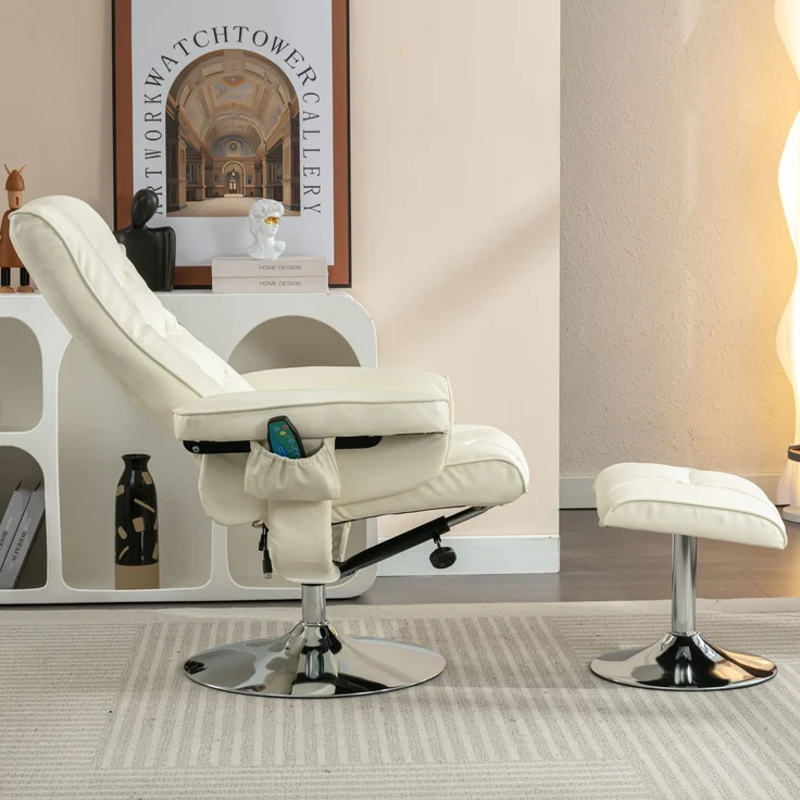 Massagesessel mit Heizfunktion & Fußhocker, verstellbare Rückenlehne bis 135°, Kunstleder Relaxstuhl mit 360° Drehung,Beige – Bild 4