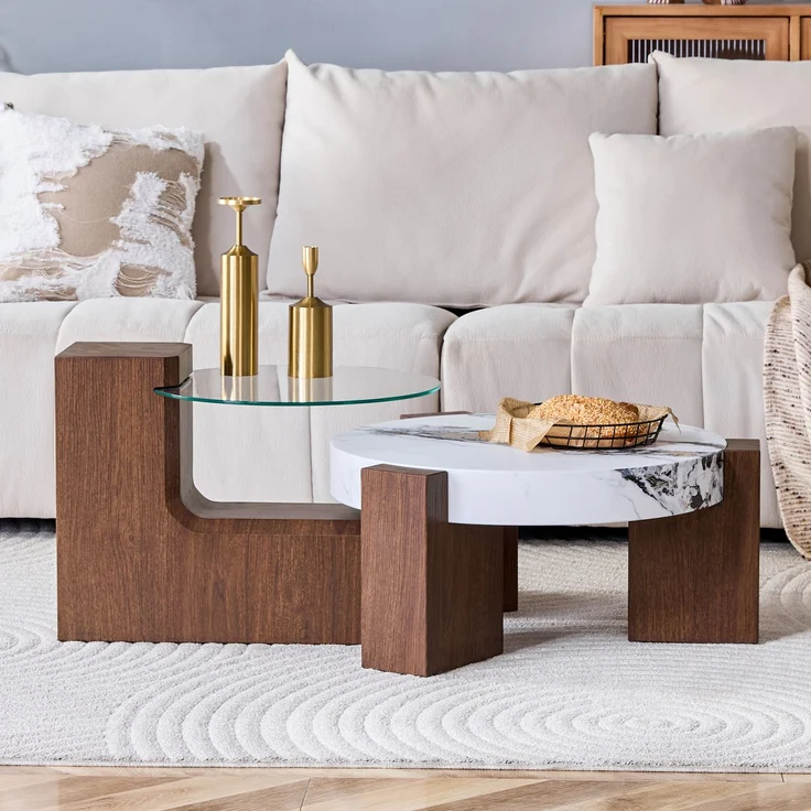 DESVIAE Couchtisch-Set 2-tlg. mit Sicherheitsglas Ø 61 cm, H 30 cm MDF in Nussbaum- und weißer Marmoroptik, 61 x 61 x 30 cm – Bild 1