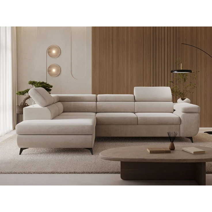 GRAINGOLD Ecksofa ARGON mit Bettfunktion, Bettkasten, Einstellbaren Kopfstützen, Velvet-Stoff, Beige, Links – Bild 1