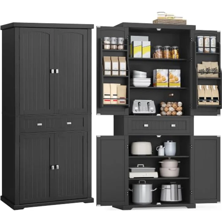 VASAGLE Küchenschrank, Schrank mit Schublade, Mehrzweckschrank freistehend, Ober- und Unterschrank, 4 verstellbare Ablagen, 6 Türfächer, Wohnzimmer Küche, 40 x 76 x 182,1 cm, tintenschwarz BBK561B01 – Bild 1