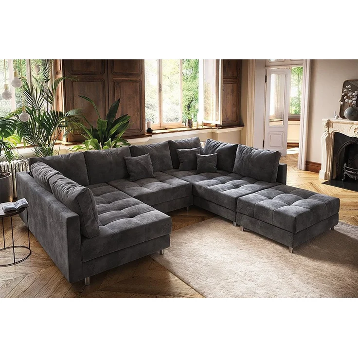 riess-ambiente Wohnlandschaft KENT 305cm grau / silber, Einzelartikel 1 Teile, Wohnzimmer · XXL · U-Form · Federkern · Samt · Hocker & Kissen – Bild 1