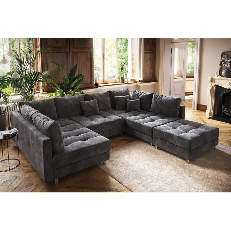 riess-ambiente Wohnlandschaft KENT 305cm grau / silber, Einzelartikel 1 Teile, Wohnzimmer · XXL · U-Form · Federkern · Samt · Hocker & Kissen
