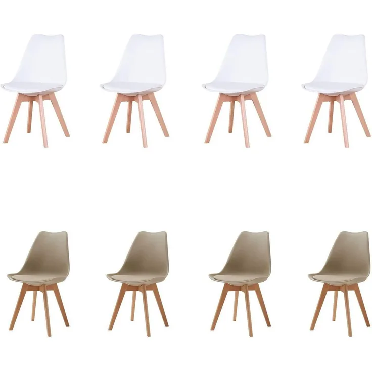 Esszimmerstuhl 8er Set Massivholzbeine Stuhlkissen 8 Stühle Weiß+beige