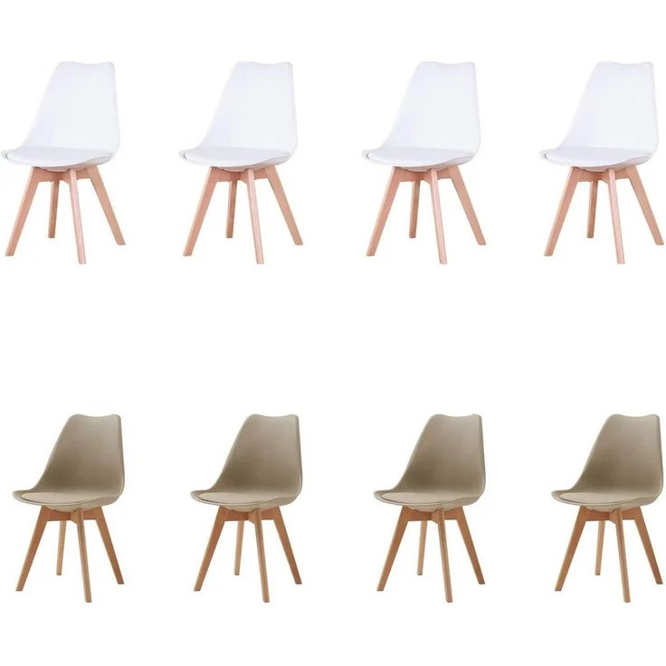 Esszimmerstuhl 8er Set Massivholzbeine Stuhlkissen 8 Stühle Weiß+beige – Bild 1
