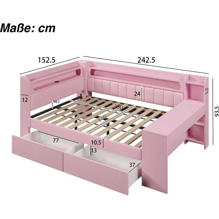 Stauraumbett mit gepolstertem Kopfteil, Schreibtisch und LED-Beleuchtung (140x200cm, Lattenrost, Regal, Schubladen, USB und Type-C), Doppelbett – Bild 5
