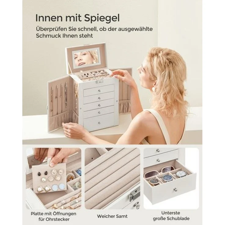 Songmics Schmuckkasten, Schmuckschatulle mit 6 Ebenen & seitlichen Klapptüren, MDF Natur, 15,6 x 26 x 32 cm – Bild 3